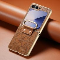 For Samsung Galaxy Z Flip 7 FE 6 5 4  Leather Embossed Flower Phone Case with Ring Buckle Electroplated Shockproof Cover Galaxy Z Flip 7 ruda