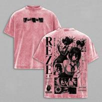 Reze Chainsaw Man Manga T-shirt Harajuku Anime Vintage Washed T Shirt Men Women Clothing Summer Casual Loose Cotton Tees Cothes S pink