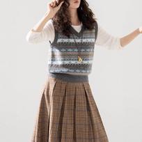 Šiaurietiško stiliaus retro vilnos megztas liemenė su Fair Isle raštu ir POLO apykakle moterims One Size gray