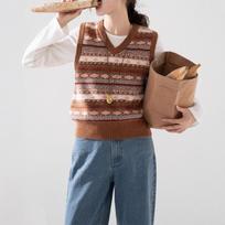 Šiaurietiško stiliaus retro vilnos megztas liemenė su Fair Isle raštu ir POLO apykakle moterims One Size brown