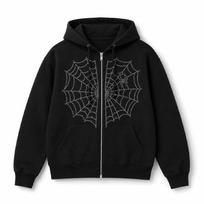 Women's Rhinestone Spider Web Zip Up Hoodie Black Long Sleeve Drawstring Hood Loose Fit Y2K Streetwear Hooded Sweatshirt 2XL black