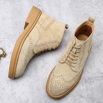 Old Qianfeng Men's Boots Leather Fur Brock Carved Martin Boots Trendy Versatile Casual Short Boots 44 beige