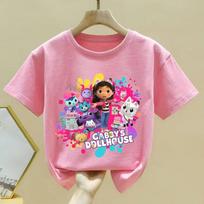 Gabby Dollhouse New T-shirt Children Cute Cartoon Summer Clothes Fashion Girl Pink Short Sleeve Anime Loose Clothing Kid Tee Top 150 pink