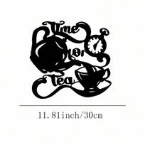 Metal Wall Art Tea Time Decor, Elegant Teapot Cup Design, Handwritten Script, Classic Kitchen Living Room Office Gift, Durable Metal Hanging Ornament 29x30 gray