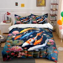 Multiple Sizes Koi Fish In Lotus Pond Print Bedding Set 1 Duvet Cover 2 Pillowcases For Adult And Children Luxury Gift Full Size US Twin 173X218cm&set blue