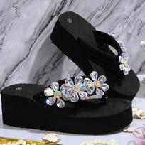 Clip-Toe Flip-Flops Women's Fashion Round Toe Rhinestone Platform Non-Slip Lightweight Wedge Sandals 43 juoda