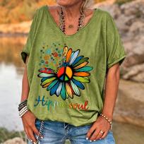 Moteriški Hippie Soul Peace margučių marškinėliai Retro Boho gėlių spaudinys V formos iškirptė trumpomis rankovėmis laisvo kirpimo kasdieniai vasaros 3XL brown