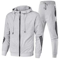 New Autumn Mens Hooded Slim Fit Stripe Spliced Two Piece Casual Tracksuit for Jogging Gym Daily Outdoor Sports Activities XXXL pilka