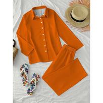 Warm orange solid color shirt wide-leg pants two-piece women's simple style long-sleeved trousers suit S orange