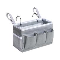 Bed Rail Hanging Organizer Bag with Three Front Pockets, Main Storage Section, and Metal Hangers for Dorm Room Use pilka