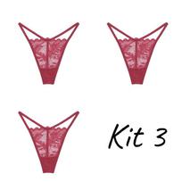 FINETOO  Kit 3 Women Cotton Thongs Sexy Low-Waist G-string Lace Floral Panties Bikini Lingerie M brown