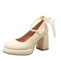 Fashion Retro Mary Jane/Lolita Platform Shoes Women Heeled Pearl Bow Ankle Strap Shallow Comfort Thick High Heel Shoe Pumps Chaussure 34 smėlis