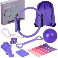 Pilates žiedas su 13 dalių rožinės ir violetinės spalvos priedų rinkiniu