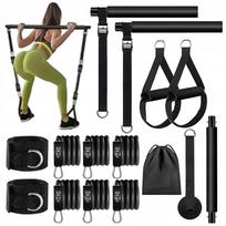 Pilates treniruočių rinkinys: 2 pilates lazdos ir 6 pasipriešinimo juostos