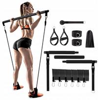 Pilates treniruočių lazdos su elastinėmis juostomis, juoda