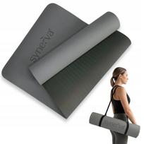 Pilates joga kilimėlis, neslystantis, TPE, 6 mm, pilkas, su dirželiu