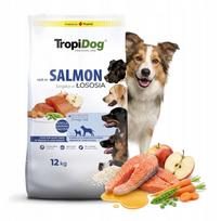 Sausas pašaras šunims TROPIDOG Salmon Rice, 12 kg, didelių ir vidutinių veislių suaugusiems šunims