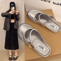 Women's Mary Jane Mule Slippers Square Toe Flat Backless Slides with Gold Buckle for Daily Wear 41 sidabras