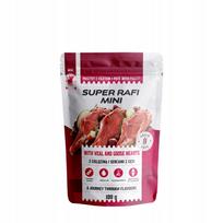 Šunų konservai Super Rafi MINI su veršiena ir žąsies širdelėmis, 100 g