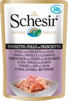 Katzenų ėdalas SCHESIR su tunu, vištiena ir kumpiu drebučiuose, 50 g, 7651