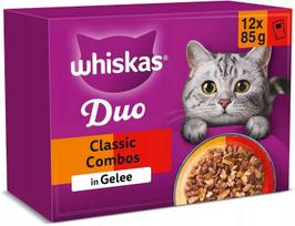 Kačių ėdalas WHISKAS DUO, mėsos gabaliukai drebučiuose, 12 x 85 g
