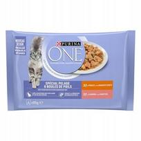 Šunų konservai Purina ONE su vištiena ir lašiša, 4 x 85 g, nuo kailio ir plaukų kamuoliukų