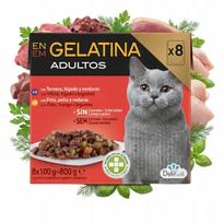 Drėgnas kačių maistas DeliKuit, 8 x 100 g, įvairios mėsos gabalėliai želėje