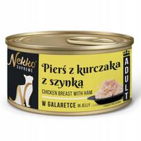 Šlapias kačių maistas Nekko Supreme su vištienos krūtinėle ir kumpiu drebučiuose, 80 g