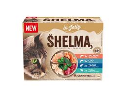 Katėms skirtas Shelma pašarų rinkinys su žuvimi drebučiuose, 12 x 85 g