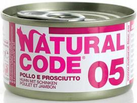 Šlapi kačių konservai Natural Code 05, vištiena ir kumpis, 85 g