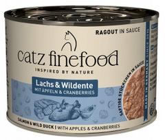 Šlapių konservų katėms Catz Finefood Ragout N.605 su lašiša ir laukine antimi, 190 g