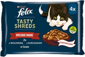 Drėgnas kačių ėdalas FELIX TASTY SHREDS, jautiena ir vištiena, 4x80 g