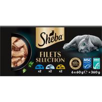 Katėms skirtas pašaro rinkinys Sheba FILETS, tunas, balta žuvis, vištiena, 6 x 60 g
