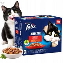 Katinų ėdalas FELIX Fantastic, kaimiškų skonių gabaliukai drebučiuose, 24 x 85 g