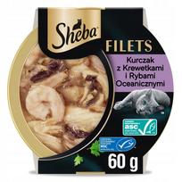 Šlapias kačių maistas SHEBA Fillets su vištiena, žuvimi ir krevetėmis padaže, 60 g