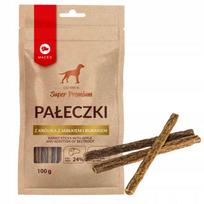 Šunų skanėstai MACED, triušienos lazdelės su obuoliais ir burokėliais, 100 g