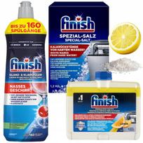 Indaplovių rinkinys Finish: druska 1,2 kg, skalavimo skystis 800 ml, citrinų kvapo valiklis 250 ml