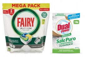 Indaplovių tabletės FAIRY PLATINUM Lemon 73 vnt. ir DUAL POWER druska indaplovėms 1 kg