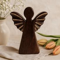 Hand-Carved Mango Wood Angel Figurine, Gold Wings 19cm