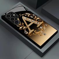 Plunksnų rašto raidės A grūdinto stiklo telefono dėklas, tinkamas Samsung Galaxy S26 S25 S24 S22 S21 S20 FE/Ultra/Plus, apsaugantis nuo kritimo Galaxy S22 plus 5G juoda