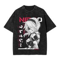 NieR Automata 2B Manga Style Washed T Shirts Streetweart Oversized Unisex Couples Washed Retro Fashion High Quality Classic Soft 3XL įvairiaspalvis