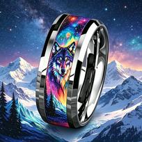 Vintage Wilderness Rainbow Wolf Galaxy Snow Mountain Ring Cool Stainless Steel Men Ring Animal Wolf Totem Wedding Band Jewelry 13 white
