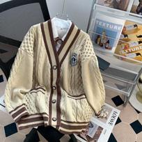 Lazy 2026 College Style Mid-Length Women's Cardigan - British Loose Fit for Autumn/Winter One Size chaki