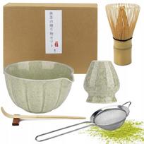 5 dalių matcha ruošimo rinkinys su dubeniu, šluotele, šaukšteliu, sieteliu ir laikikliu