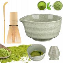 Matcha arbatos rinkinys su bambukiniu šluotele, šaukšteliu, keraminiu dubenėliu ir laikikliu