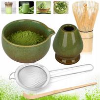 Matcha arbatos rinkinys su bambukiniu plaktuvu, keraminiu dubenėliu ir nerūdijančiojo plieno sieteliu, 5 dalių