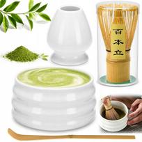 Matcha arbatos rinkinys su bambukine šluotele, šaukšteliais, dubenėliu ir keraminiu stovu