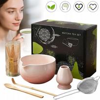 Matcha paruošimo rinkinys su bambukine šluotele, dubenėliu ir sieteliu, rožinis