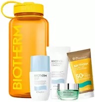 Rinkinys Biotherm: Lait Corporel Anti-Dryness kūno pienelis, 50 ml + Waterlover Anti-Aging apsauginis nuo saulės kremas veidui SPF 50+, 50 ml + Deo Pure 72h Protection dezodorantas roll-on moterims, 75 ml + Cera Repair Barrier Repair kremas veidui, 15 ml + Biotherm vanduo butelyje