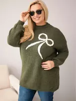 Moteriškas Plus Size megztinis su vilna ir kaspinu, chaki spalvos